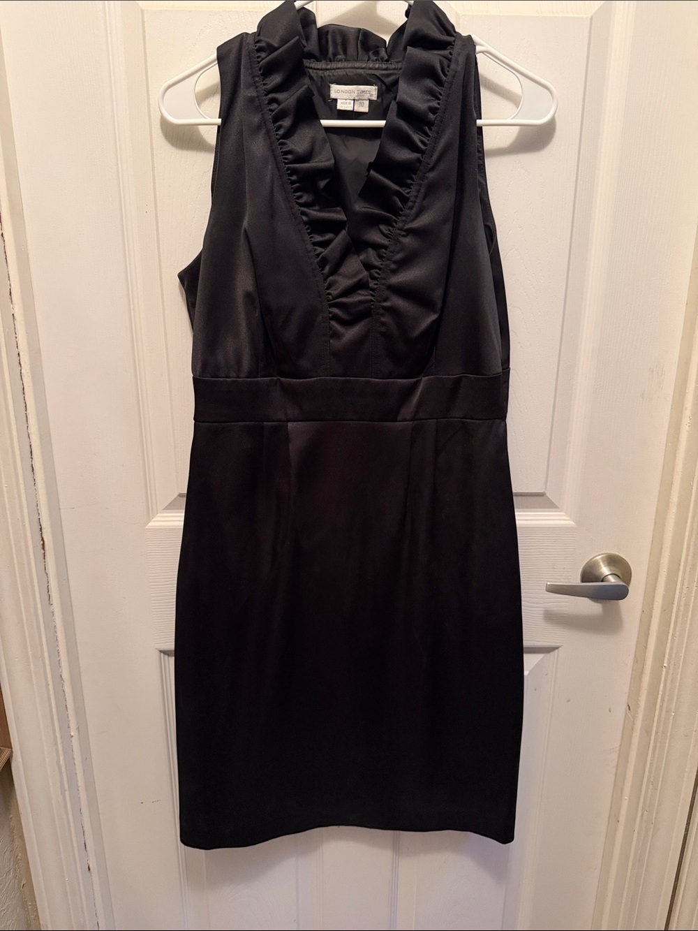 London Times Black Ruffled V-Neck Sheath Dress